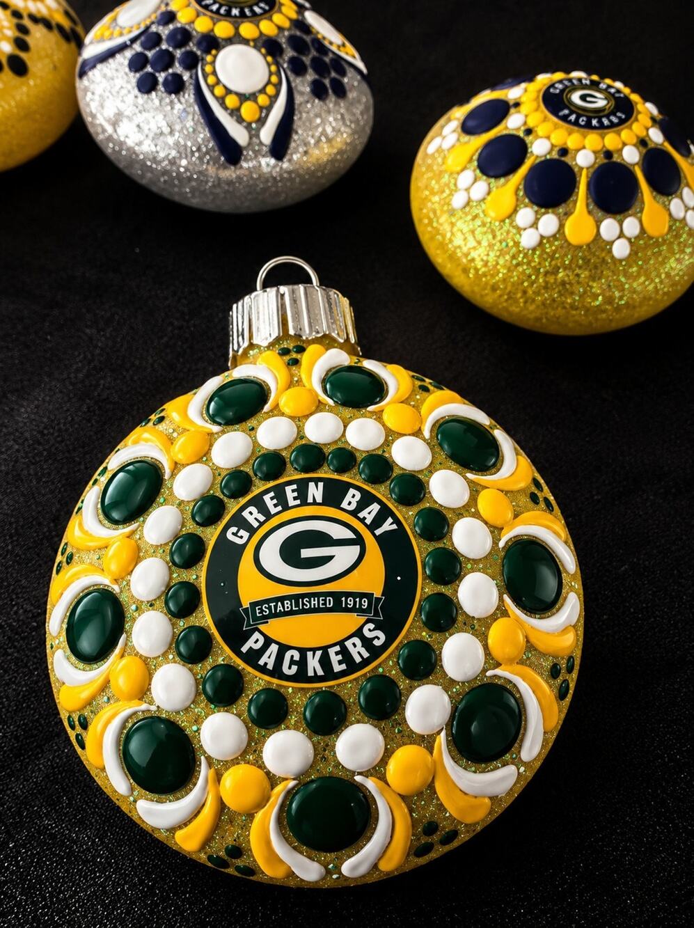 Green Bay Packers Hand-Painted Shatterproof Ornament 3” Dot Mandala